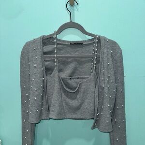 Zara Gray Knit Set with Pearl Details